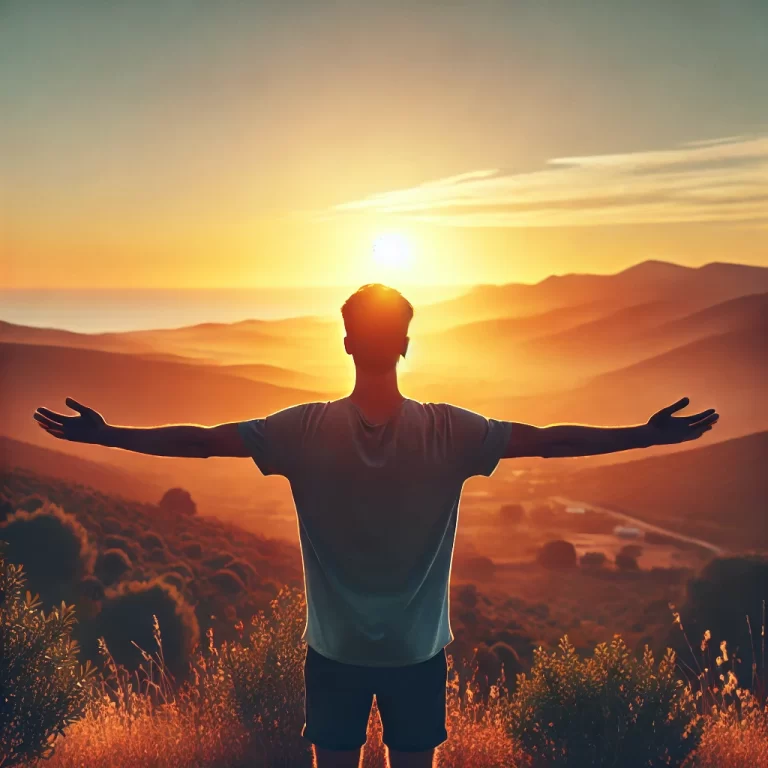 DALL·E 2024-10-19 12.55.25 - A serene image of a person practicing breathwork at sunrise, standing with arms open wide, taking a deep breath and feeling connected with nature. The